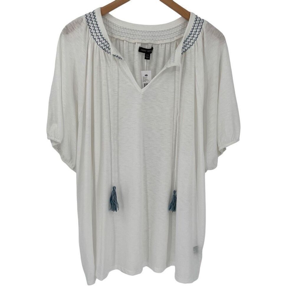 Lane Bryant Split Neck Tassel Tie Short Sleeve Blouse Women 22/24 White Blue NWT
